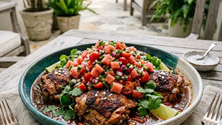 Stunning plated serving of Braised Jalapeño Chicken Thighs with Watermelon-Tomato Salsa, a chef-tested recipe by Chef Jorj Morgan.