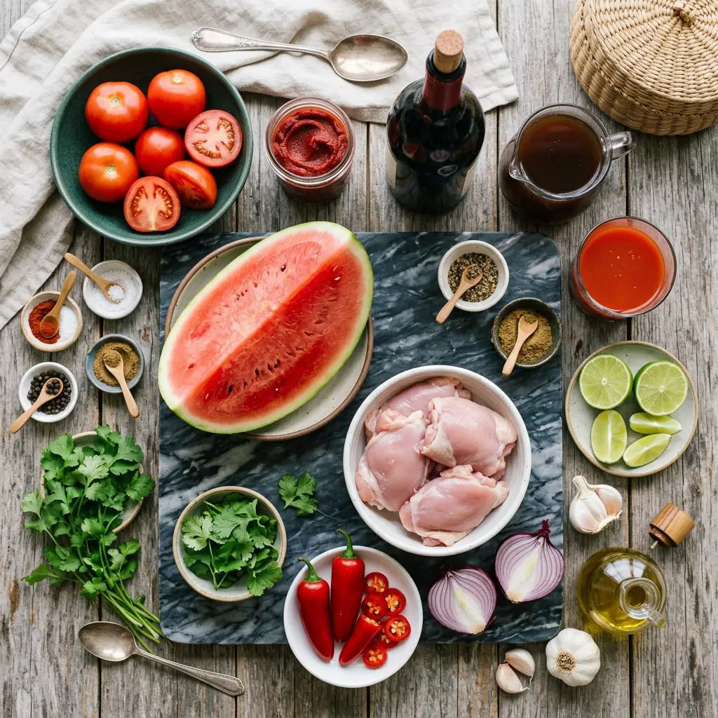 Ingredients arranged: raw boneless chicken thighs, a massive wedge of fresh red watermelon, fresh jalapeños, red wine, beef stock, tomato juice, fresh tomatoes, red onion, garlic, limes, fresh cilantro, tomato paste, olive oil, and spices around a marble prep board.