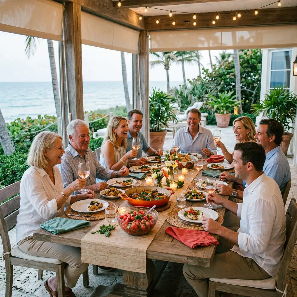 8 guests gathered around the table laughing, eating, and drinking chilled Rosé wine in a Palm Beach Estate dining patio with ocean views. A massive, beautiful braiser of Jalapeño Chicken and a glass bowl of bright watermelon salsa anchor the center of the joyful, boisterous gathering.