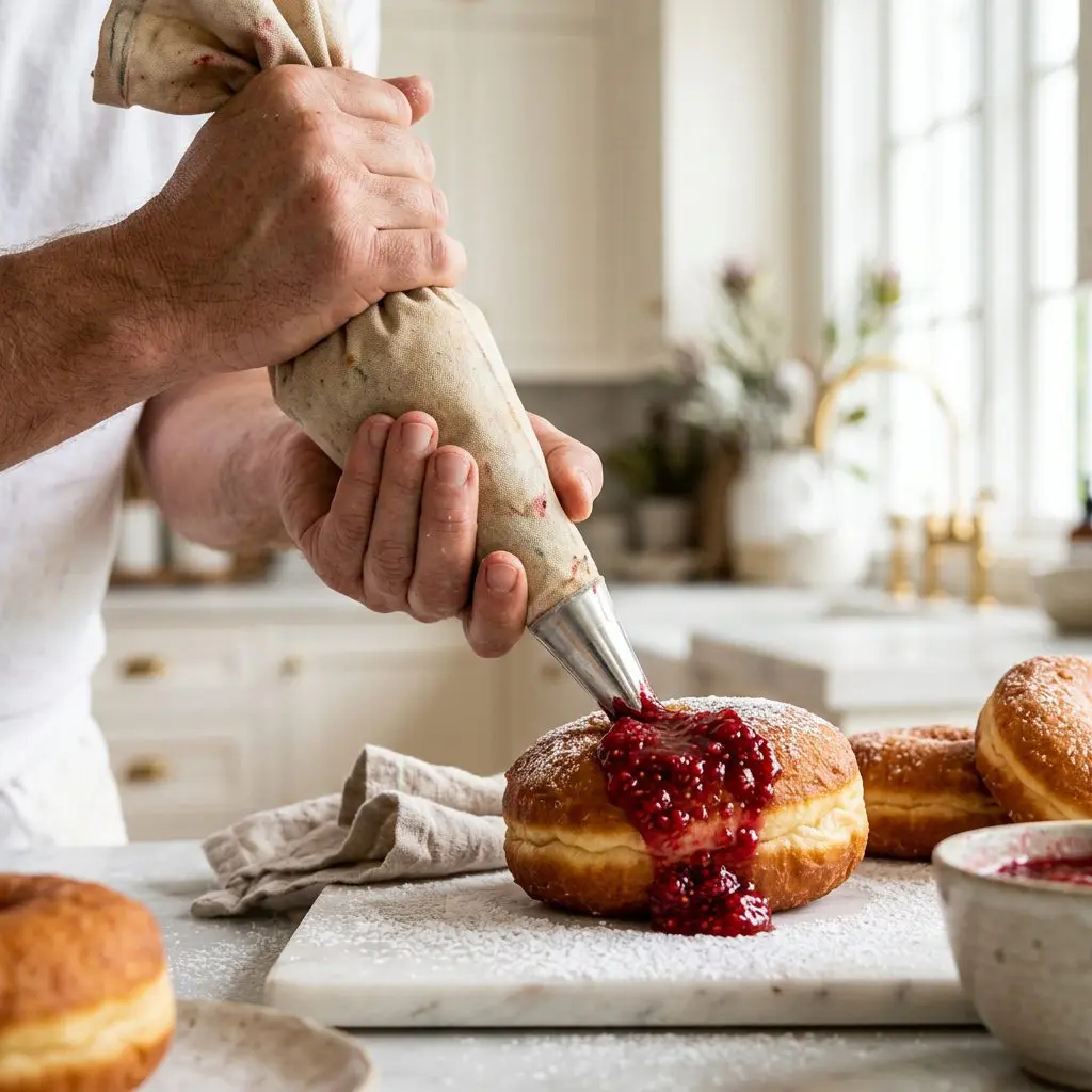 A cook's bare hands squeezing a thick piping bag fitted with a long metal tip directly into the side of a soft, golden-brown fried donut. The intensely vibrant, thick bright red raspberry preserve is violently bursting out around the metal tip, filling the airy dough on a powdered sugar-dusted marble slab.