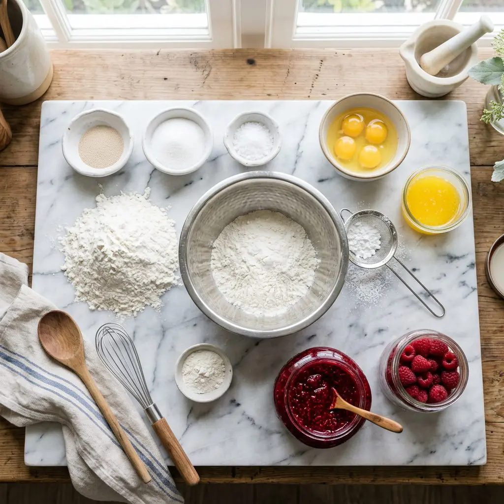 Ingredients arranged: massive mounds of stark white flour, small bowls of active dry yeast, white granulated sugar, raw eggs in a bowl, vibrant yellow melted butter, and a heavy glass jar of intensely vibrant, thick bright red raspberry preserve surrounding a heavy metal mixing bowl and a silver sifter of powdered sugar on a marble prep board.