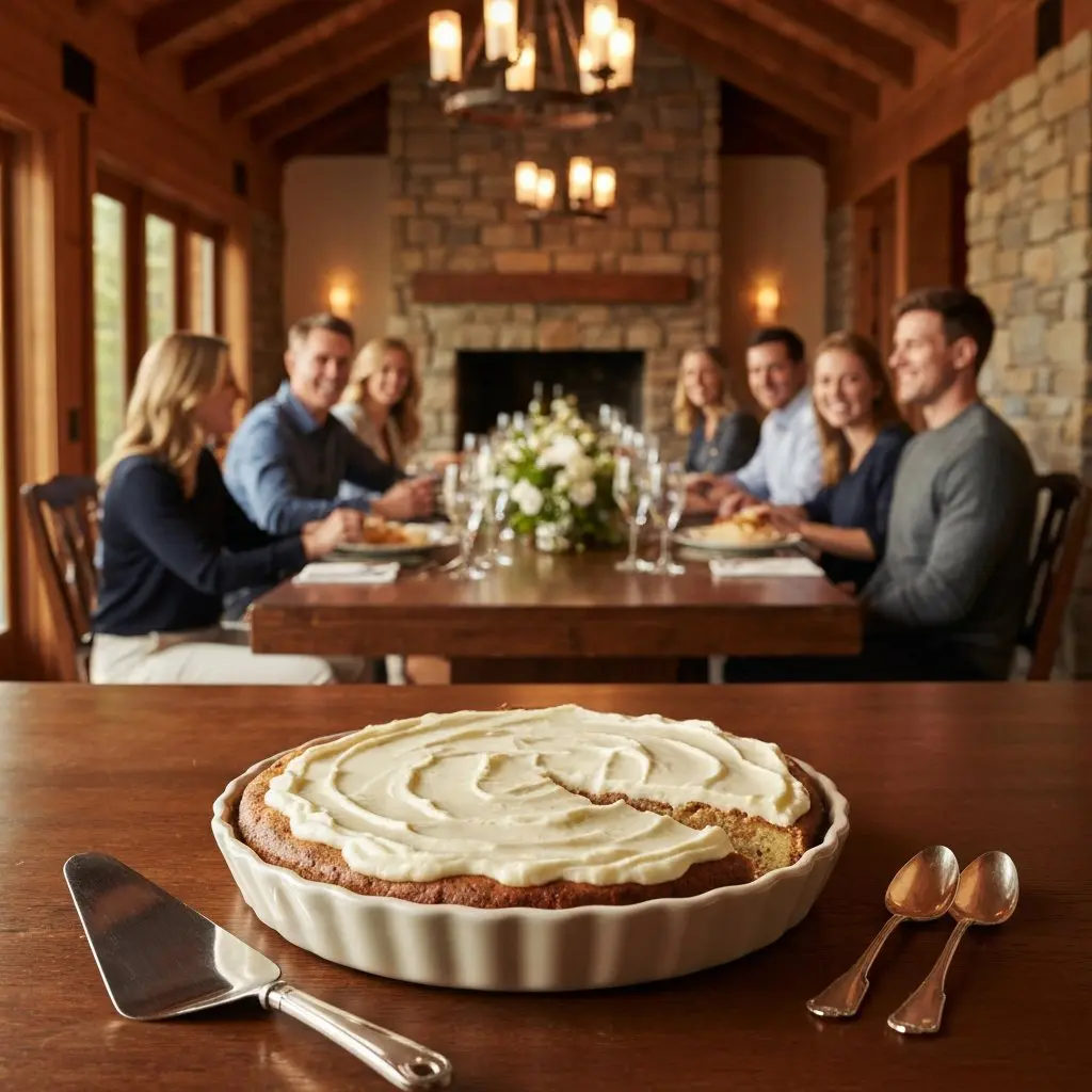 A gorgeous single-view lifestyle photo of freshly prepared Apple Butter Cake with Cream Cheese Frosting.
