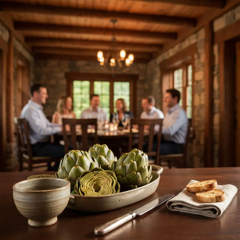 A gorgeous single-view lifestyle photo of freshly prepared Artichokes with Lemon Balsamic Dip.