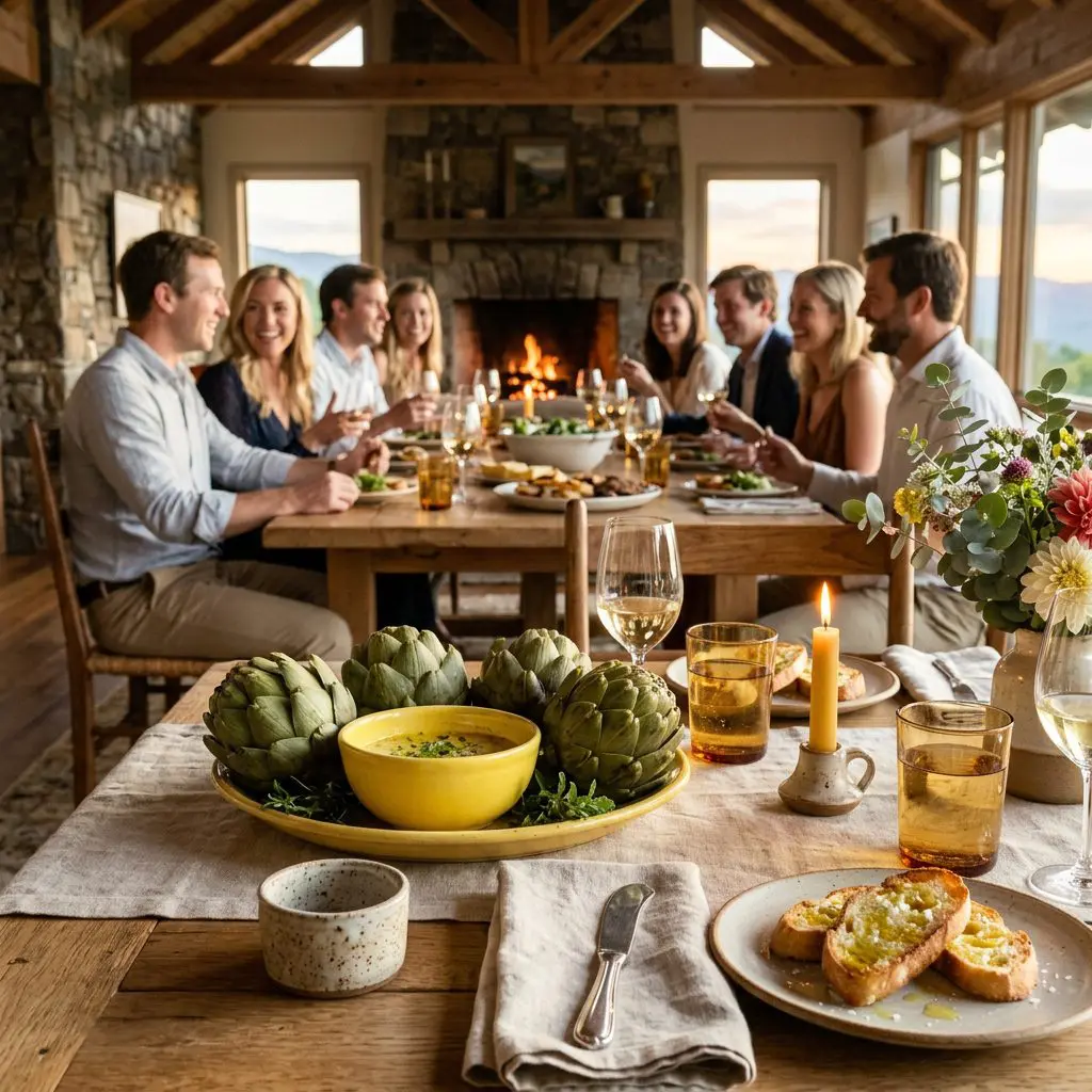 A gorgeous single-view lifestyle photo of freshly prepared Artichokes with Lemon Balsamic Dipping Sauce.