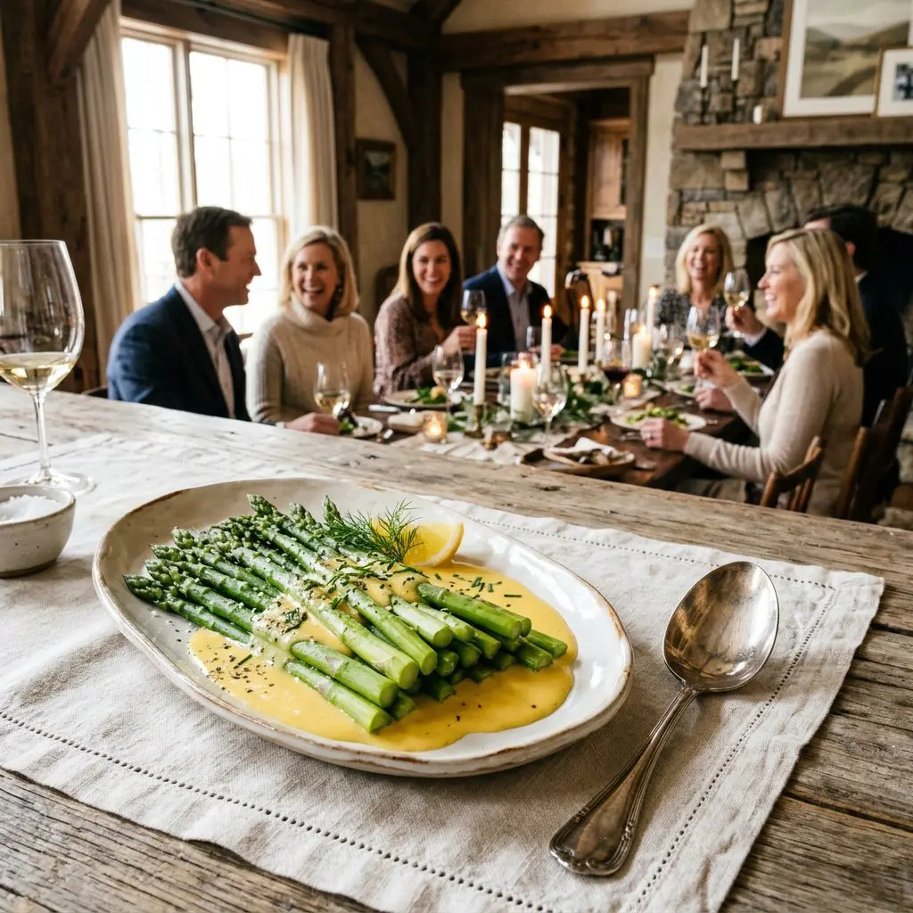 A gorgeous single-view lifestyle photo of freshly prepared Asparagus with Hollandaise Sauce.
