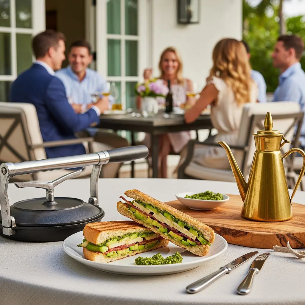 A gorgeous single-view lifestyle photo of freshly prepared Avocado and Gruyere Panini with Olive Tapenade.