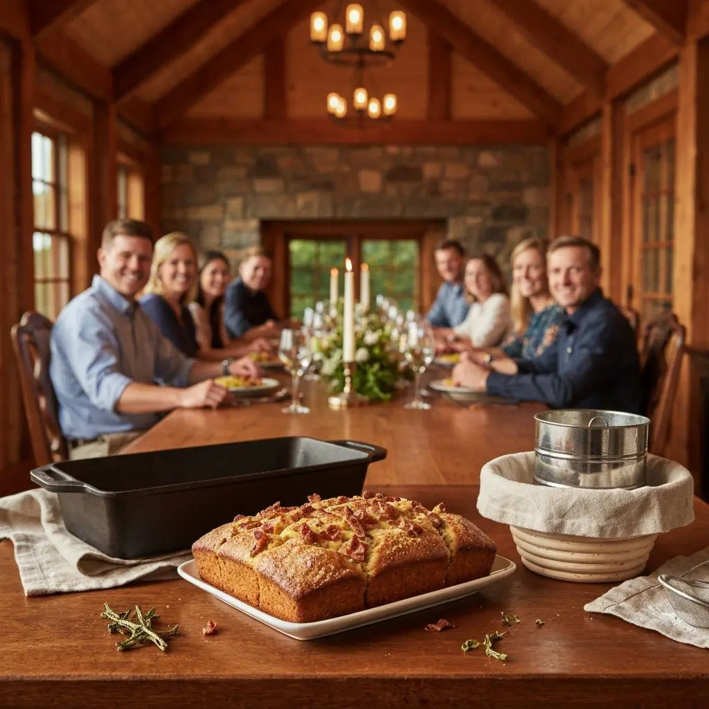 A gorgeous single-view lifestyle photo of freshly prepared Bacon, Cheddar & Sage Quick Bread.