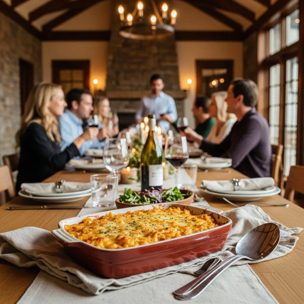 A gorgeous single-view lifestyle photo of freshly prepared Baked Mac and Cheese.