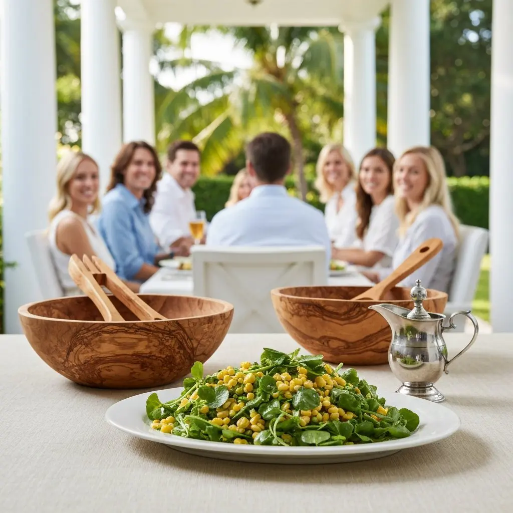 A gorgeous single-view lifestyle photo of freshly prepared Balsamic Corn & Watercress Salad.