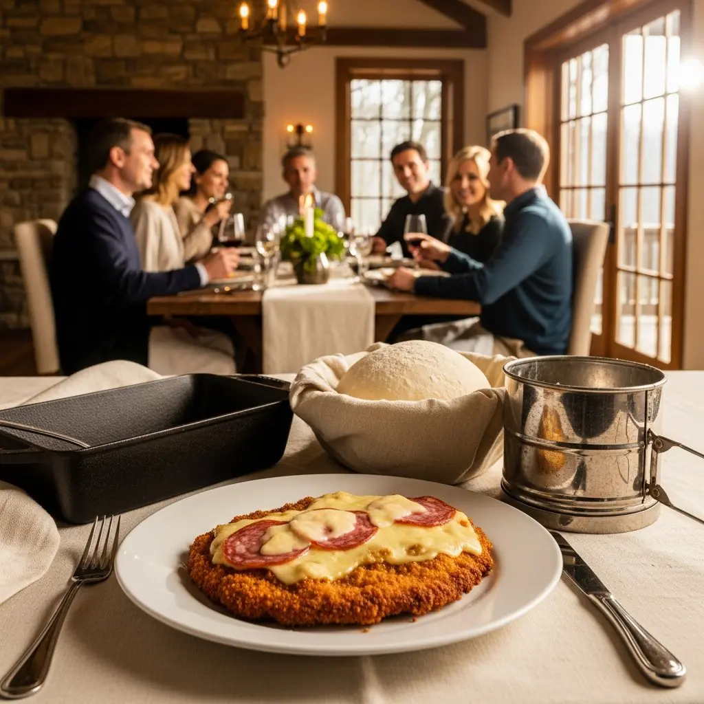 A gorgeous single-view lifestyle photo of freshly prepared Breaded Veal Sinatra with Swiss & Salami.