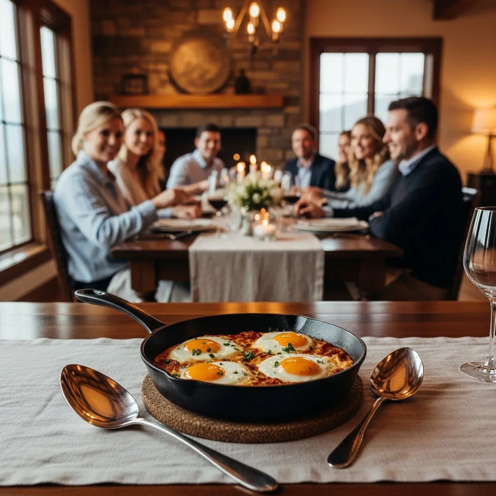 A gorgeous single-view lifestyle photo of freshly prepared Breakfast Skillet with Glazed Eggs.