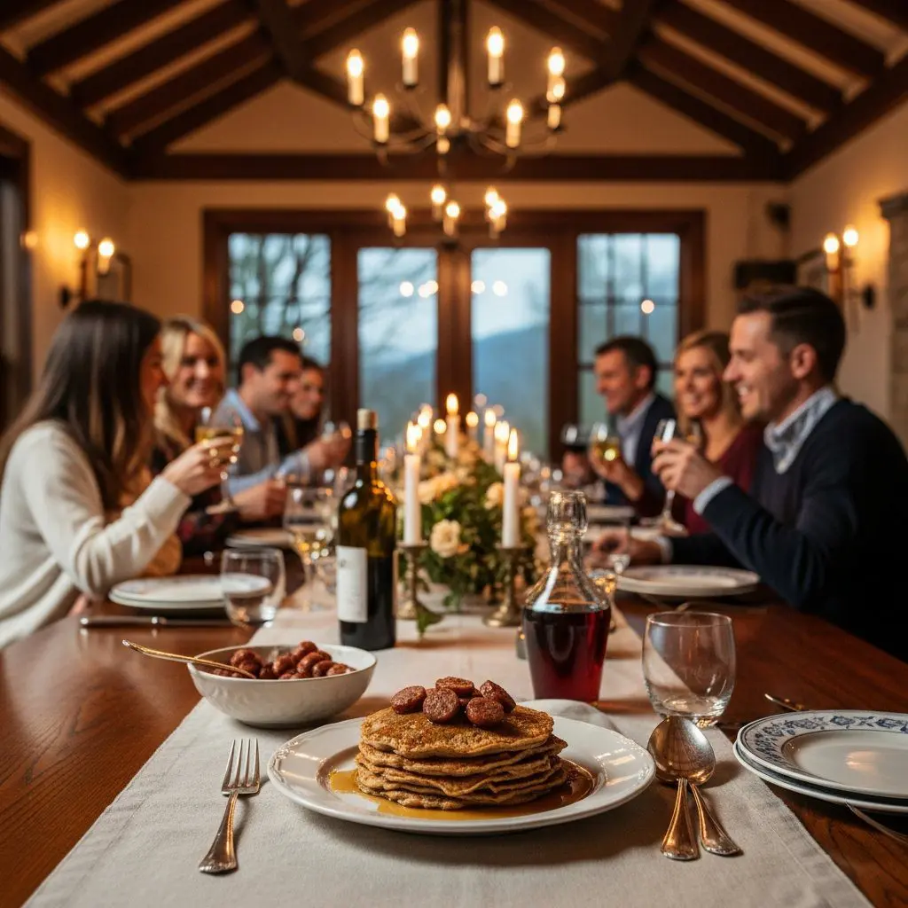 A gorgeous single-view lifestyle photo of freshly prepared Buckwheat Flapjacks with Sausage and Maple Syrup.