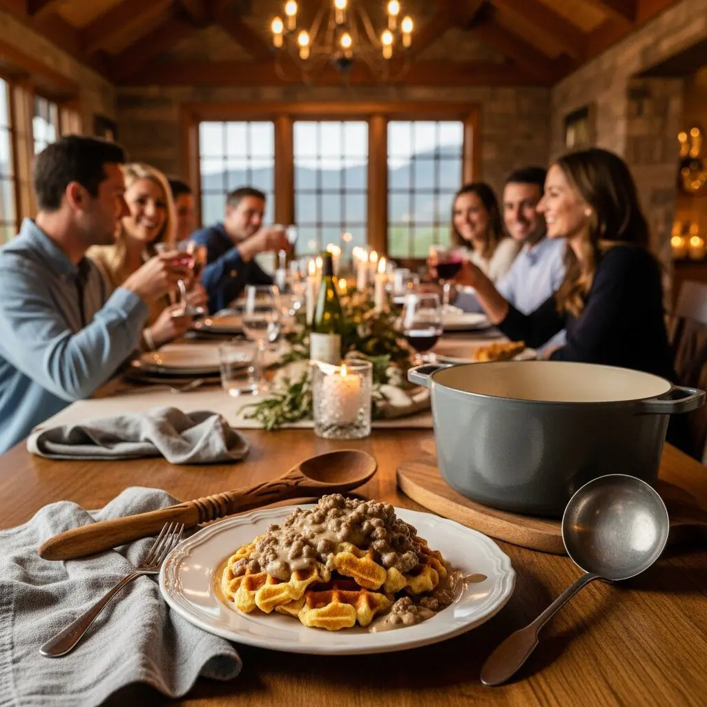 A gorgeous single-view lifestyle photo of freshly prepared Buttermilk Biscuit Waffles with Sausage Gravy.
