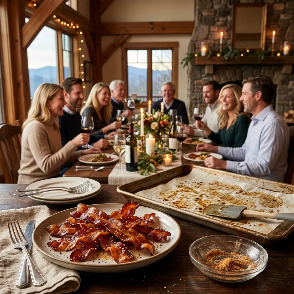 A heavy metal baking sheet lined with parchment, crispy candied bacon strips, and polished silver meat tongs in sharp focus in the foreground, with an elegant softly lit evening cocktail party blurred in the background