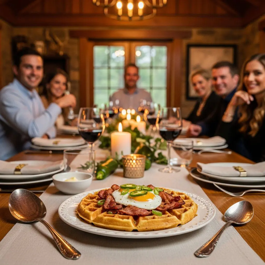 A gorgeous single-view lifestyle photo of freshly prepared Cheddar, Bacon, and Green Onion Waffles with Jalapeño-Maple Syrup and Glazed Eggs.