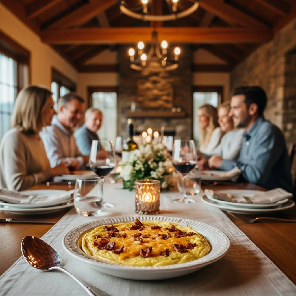 A gorgeous single-view lifestyle photo of freshly prepared Cheddar-Bacon Omelet.
