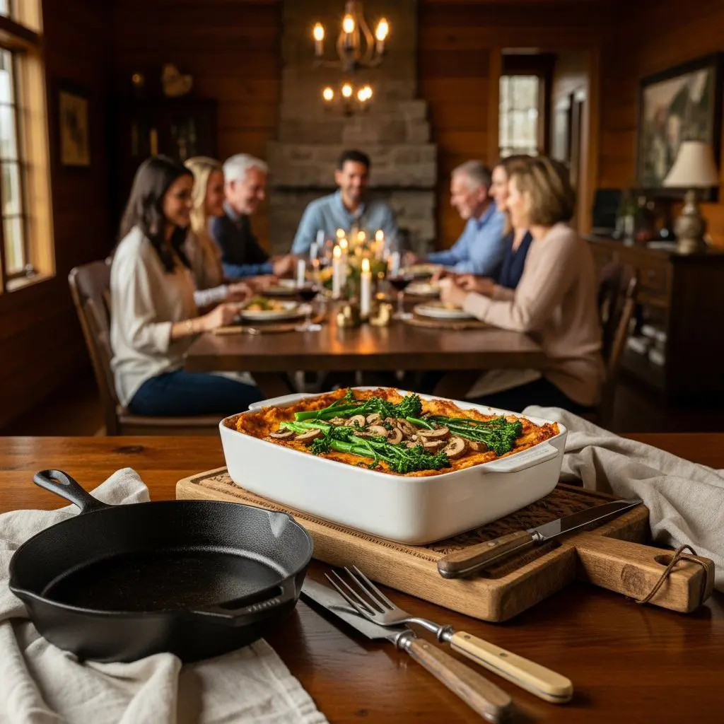 A gorgeous single-view lifestyle photo of freshly prepared Chicken Lasagna with Broccoli Rabe with Sautéed Mushrooms.