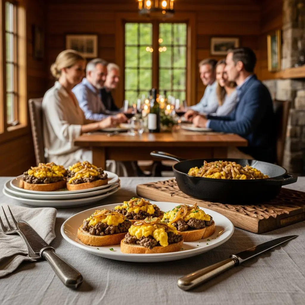 A gorgeous single-view lifestyle photo of freshly prepared Chicken Liver Toasts with Caramelized Onions and Scrambled Eggs.