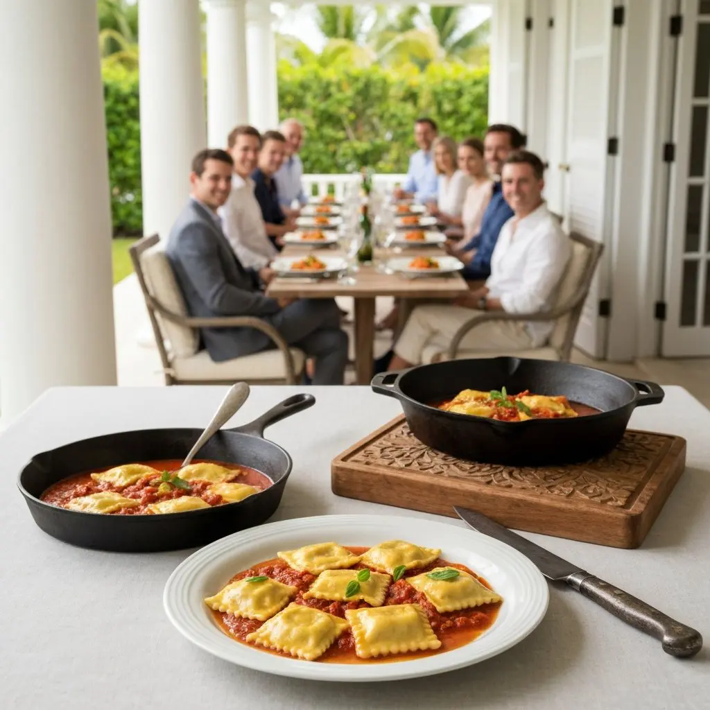 A gorgeous single-view lifestyle photo of freshly prepared Chicken Ravioli with Brown Butter Sage & Tomato Marinara.