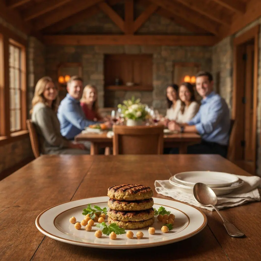 A gorgeous single-view lifestyle photo of freshly prepared Chickpea Veggie Burgers.