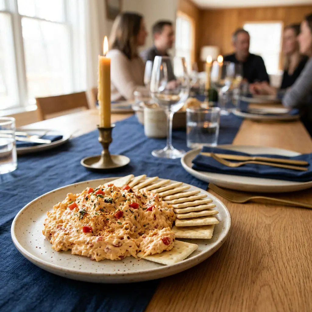 A gorgeous single-view lifestyle photo of freshly prepared Chili-Spiced Pimento Cheese with Crack Crackers.