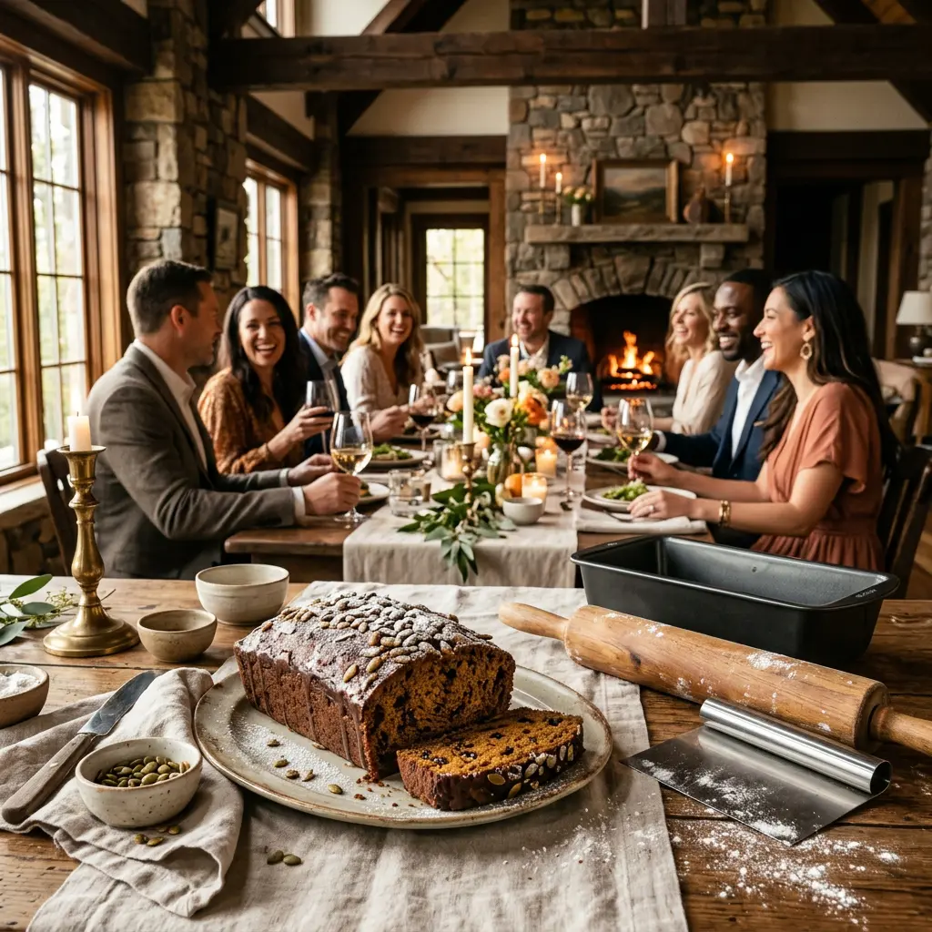 Cozy autumn estate breakfast for eight featuring loaves of chocolate pumpkin bread and coffee