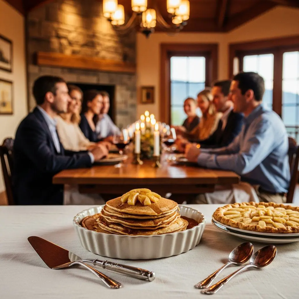 A gorgeous single-view lifestyle photo of freshly prepared Cinnamon-Apple Pancakes.