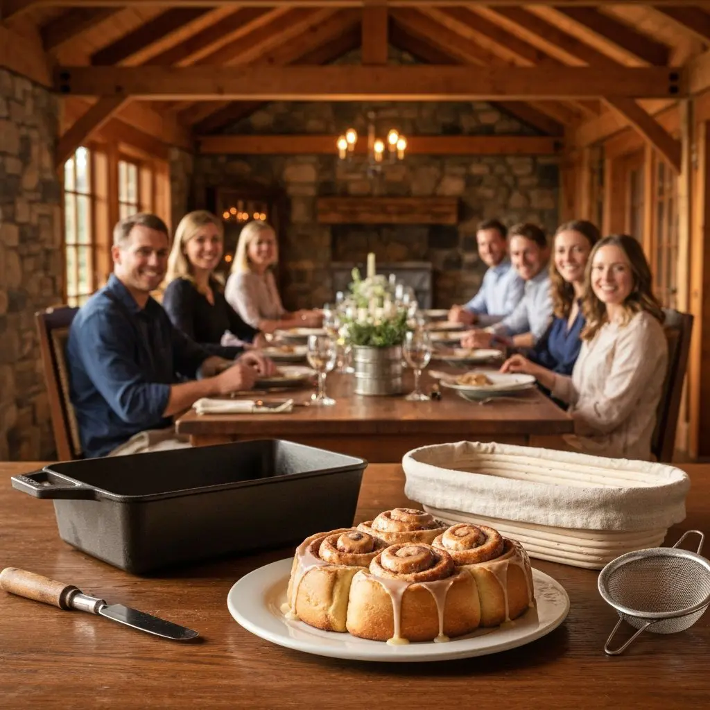 A gorgeous single-view lifestyle photo of freshly prepared Cinnamon Rolls with Vanilla Glaze.
