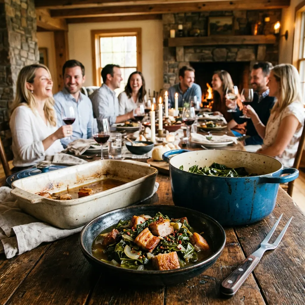 A heavy enameled cast-iron Dutch oven, a silver meat fork, and a glass bottle of dark balsamic vinegar in sharp focus in the foreground, with an elegant softly lit dining room gathering blurred in the background