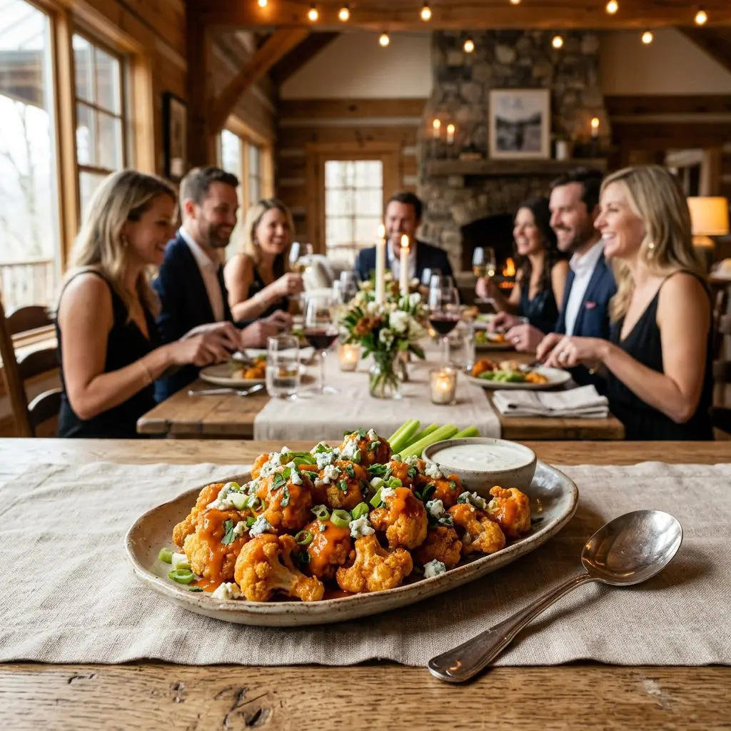 A gorgeous single-view lifestyle photo of freshly prepared Crispy Cauliflower with Buffalo Sauce.