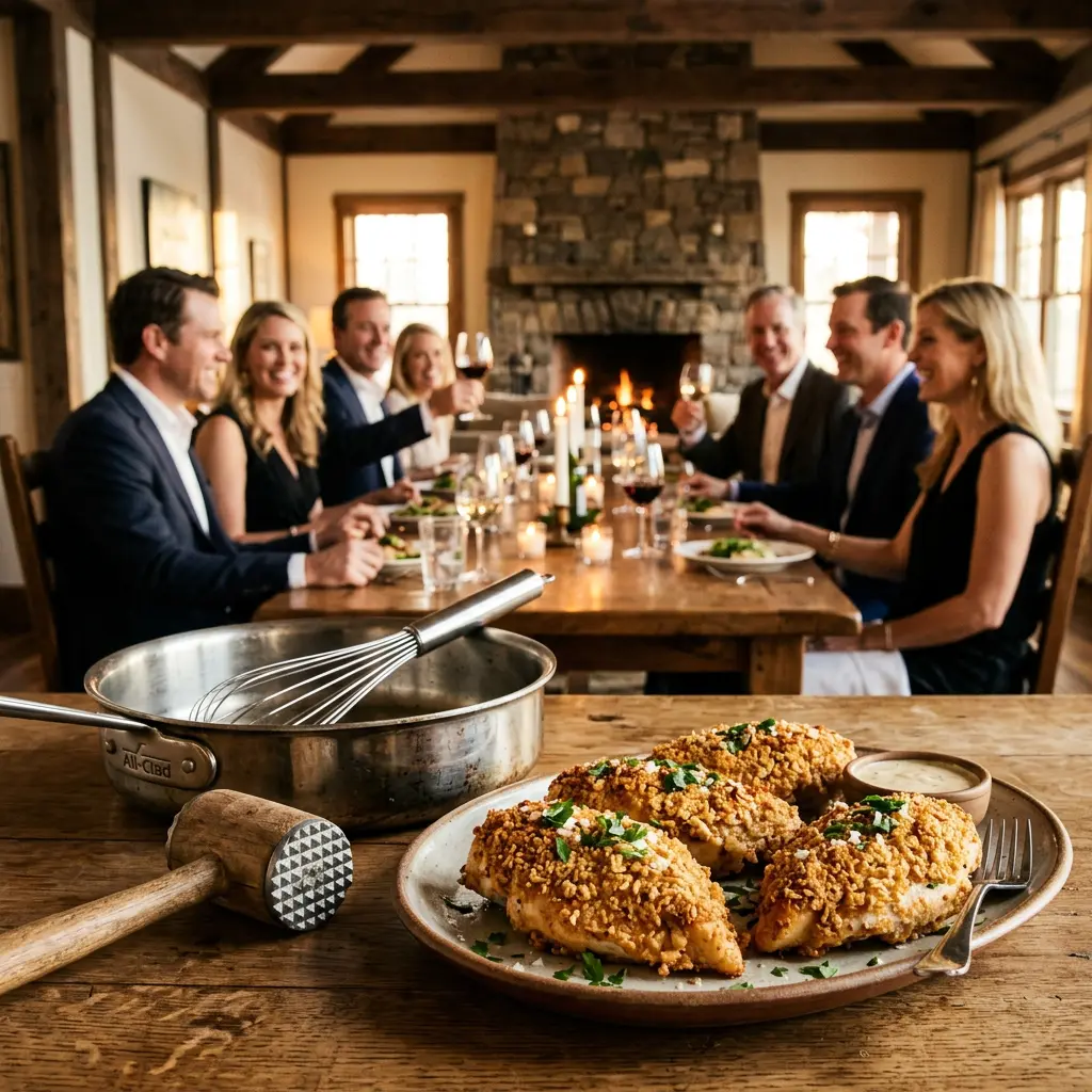 Elegant dinner party background with professional kitchen tools in the foreground