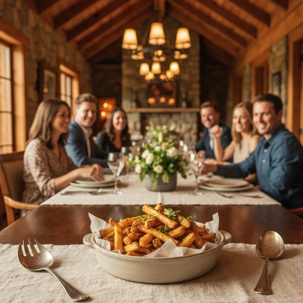 A gorgeous single-view lifestyle photo of freshly prepared Crispy Duck Fat Fries with Spiced Ketchup.
