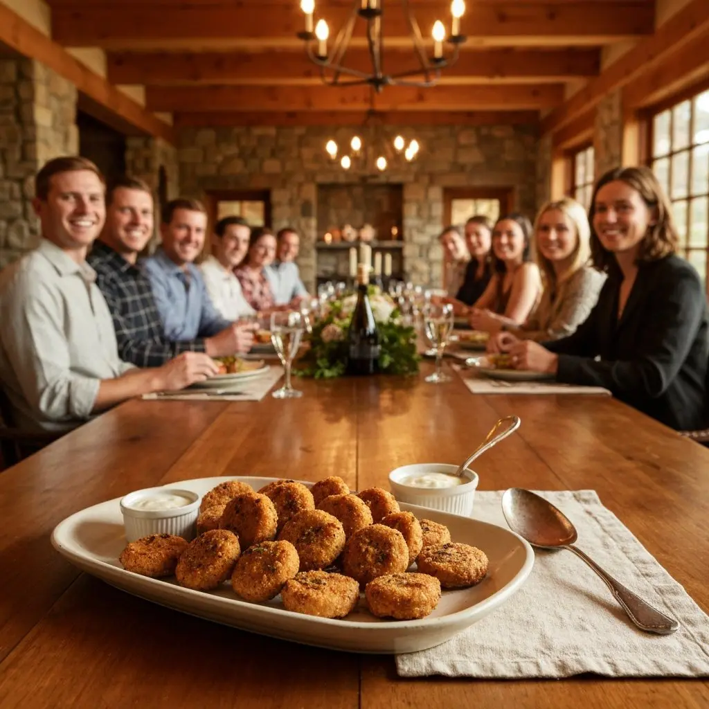 A gorgeous single-view lifestyle photo of freshly prepared Crispy Fried Pickles with Southern Comeback Sauce.