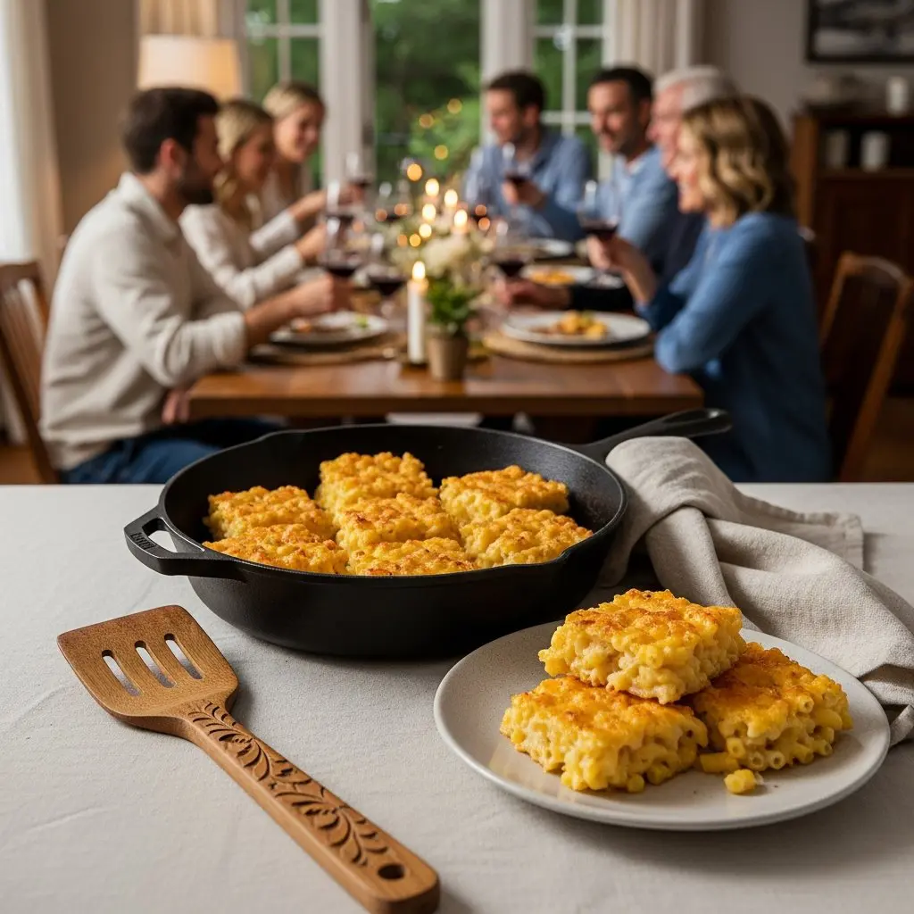 A gorgeous single-view lifestyle photo of freshly prepared Deep-Fried Leftover Macaroni and Cheese Squares.