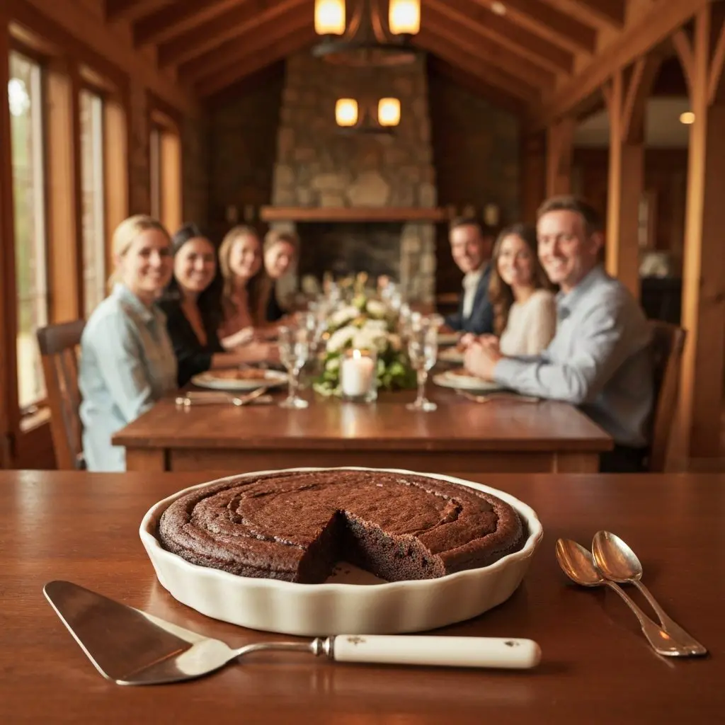 A gorgeous single-view lifestyle photo of freshly prepared Devil’s Food Chocolate Cake with Black Walnut.