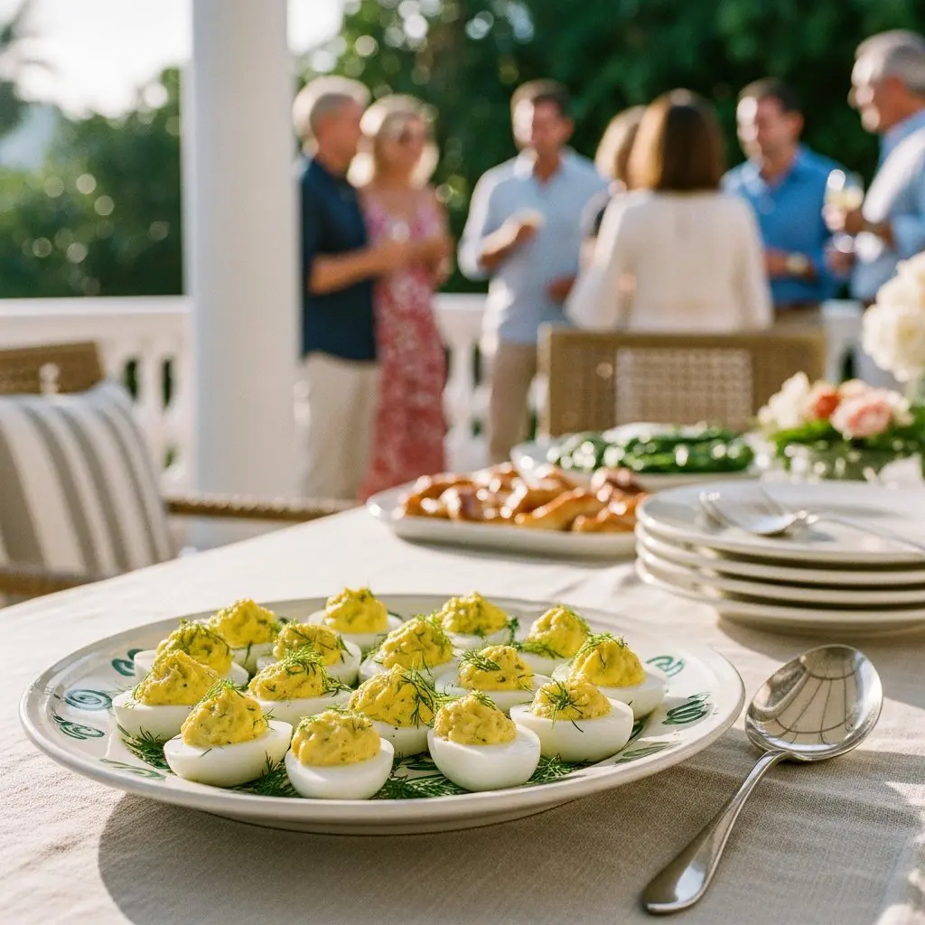 A gorgeous single-view lifestyle photo of freshly prepared Dijon and Fresh Dill Deviled Eggs.
