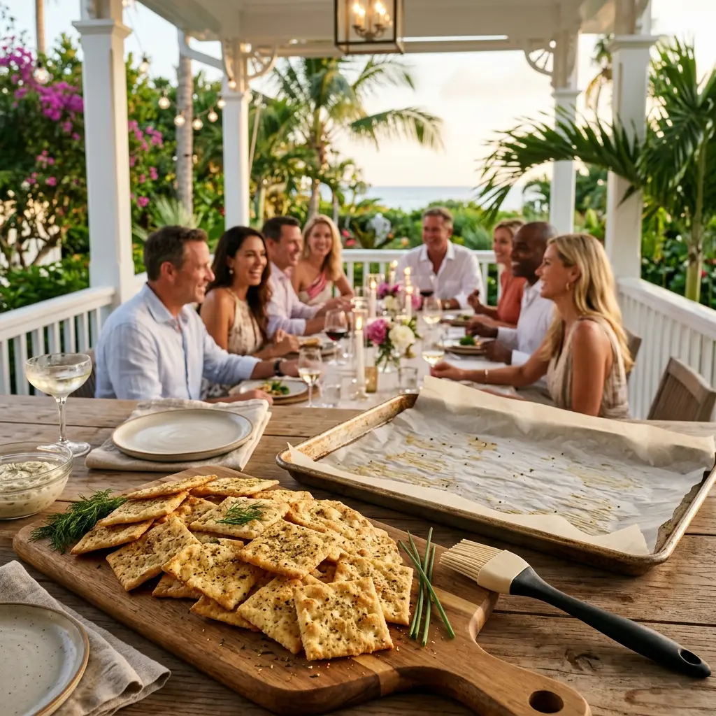 A heavy metal baking sheet holding golden toasted crackers, a silicone pastry brush, and a crystal serving bowl in sharp focus, with an elegant evening cocktail hour gathering of four Caucasian couples blurred in the background