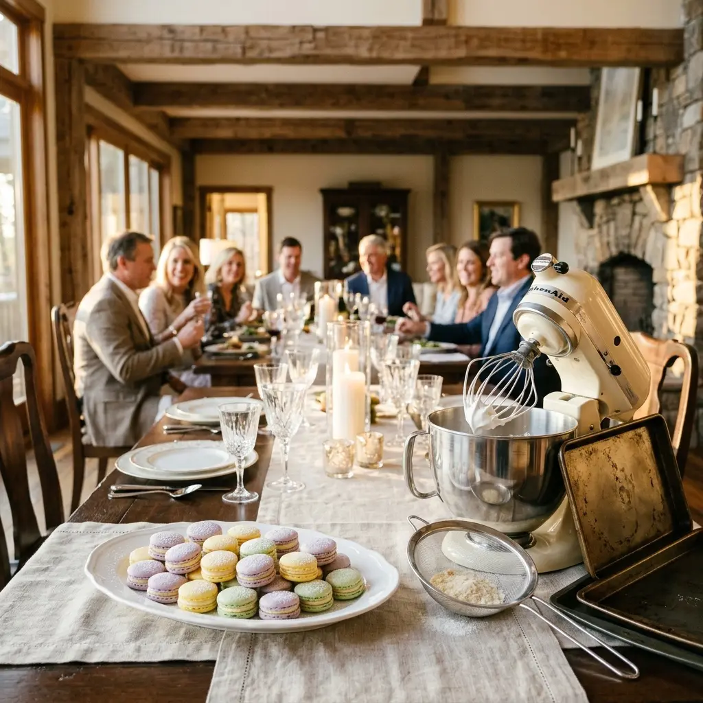 A heavy metal baking sheet lined with a Silpat mat, a piping bag, and a fine-mesh sieve in sharp focus, with an elegant spring gathering of 4 Caucasian couples blurred in the background