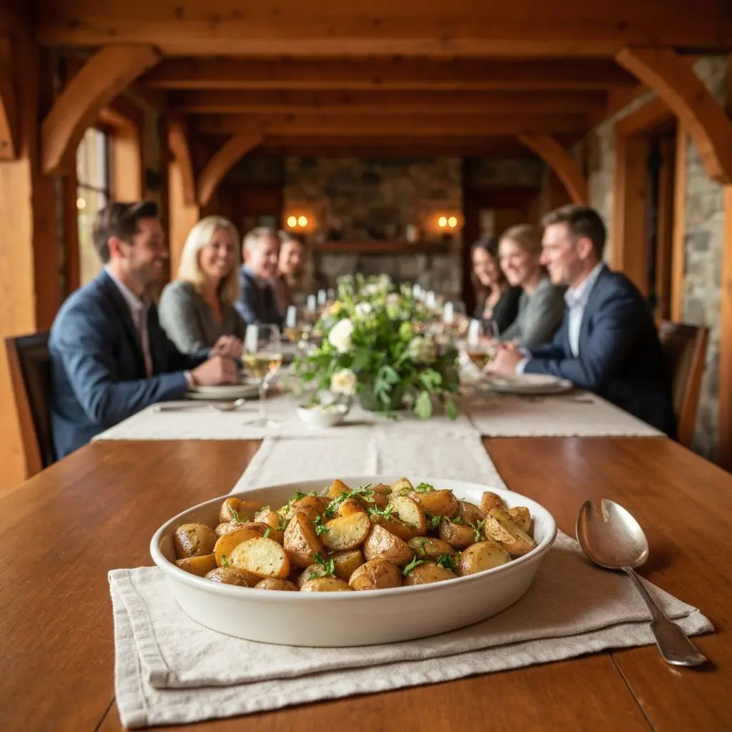 A gorgeous single-view lifestyle photo of freshly prepared Garlic & Herb Roasted Potatoes.