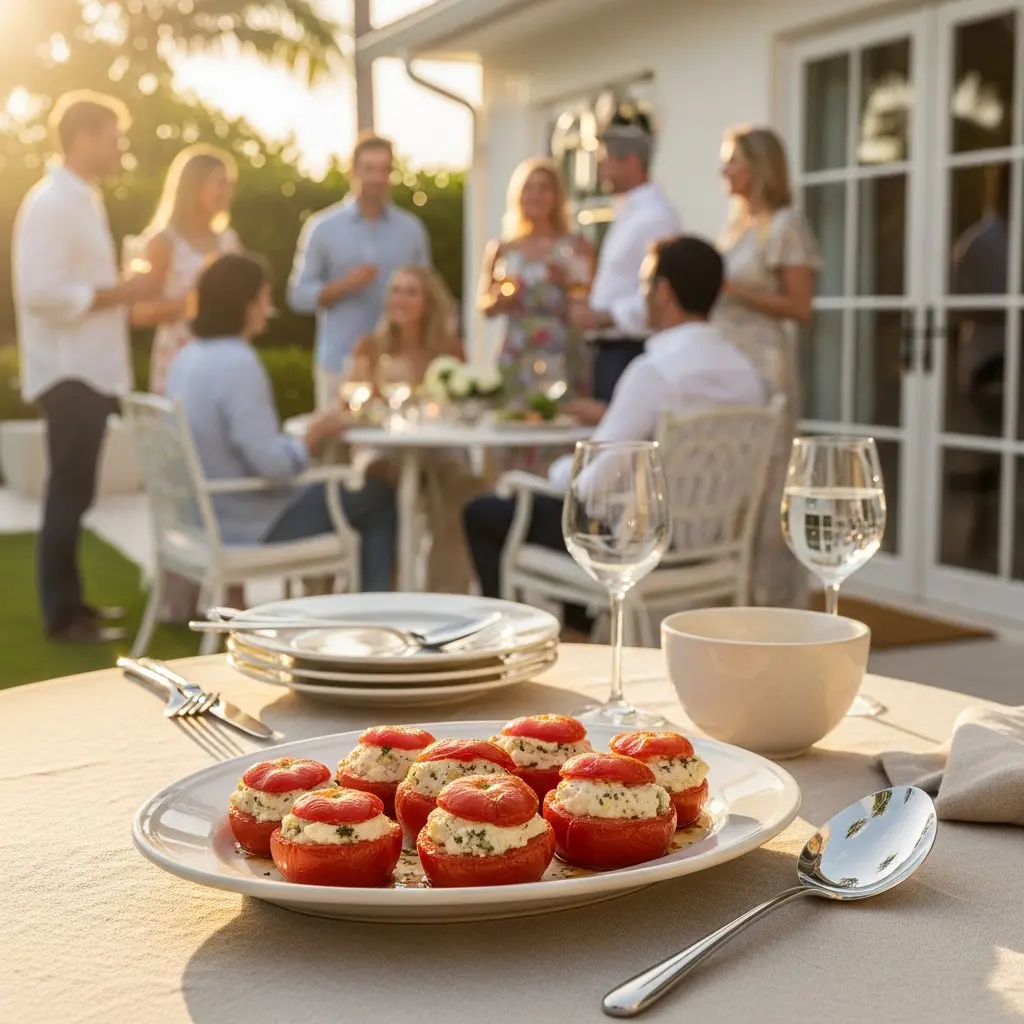 A gorgeous single-view lifestyle photo of freshly prepared Gorgonzola Stuffed Plum Tomatoes.