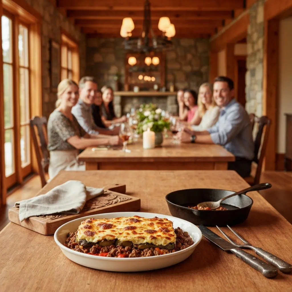 A gorgeous single-view lifestyle photo of freshly prepared Ground Lamb Moussaka with Eggplant & Ricotta Béchamel.