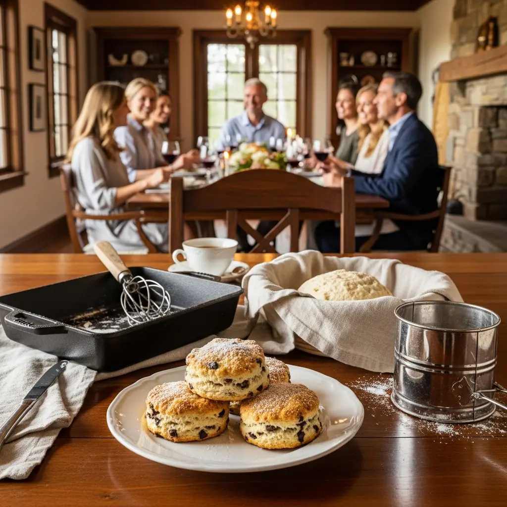 A gorgeous single-view lifestyle photo of freshly prepared Heavy Cream & Chocolate Chip Scones.