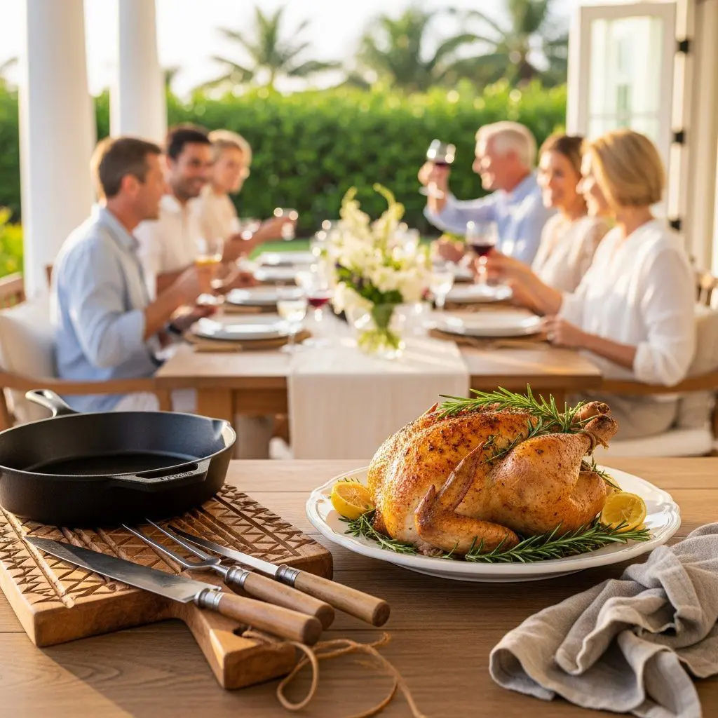 A gorgeous single-view lifestyle photo of freshly prepared Herb Roasted Whole Chicken.