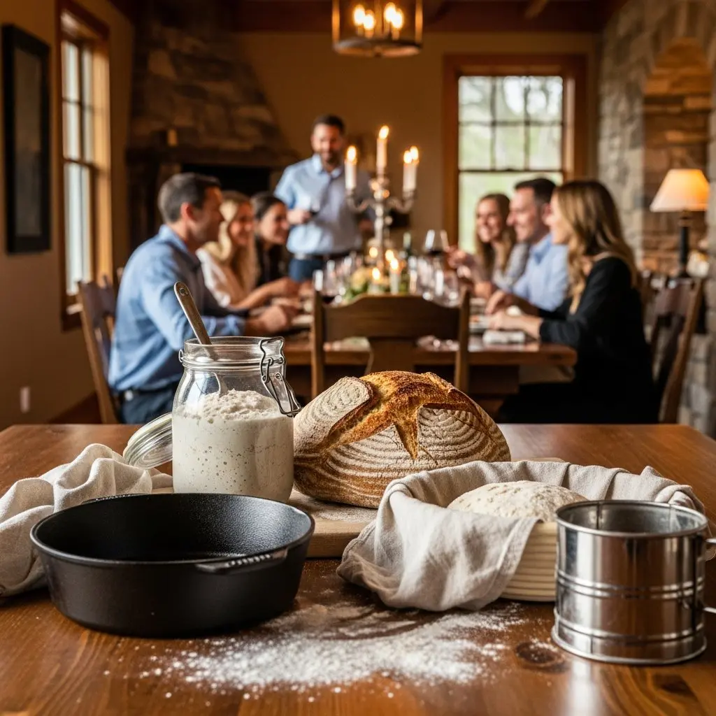 A gorgeous single-view lifestyle photo of freshly prepared Heritage Sourdough Starter & Artisan Bread.
