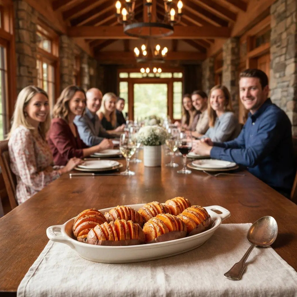 A gorgeous single-view lifestyle photo of freshly prepared Honey & Goat Cheese Hasselback Sweet Potatoes.