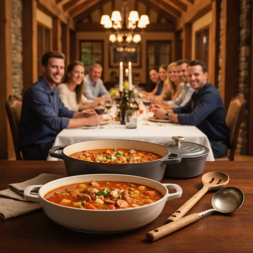 A gorgeous single-view lifestyle photo of freshly prepared Italian Minestrone Soup with Sausage & Vegetables.