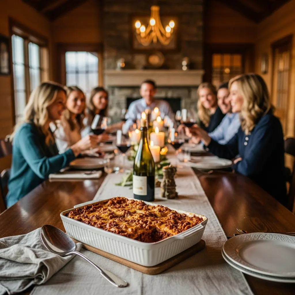 A gorgeous single-view lifestyle photo of freshly prepared Lasagna Bolognese.