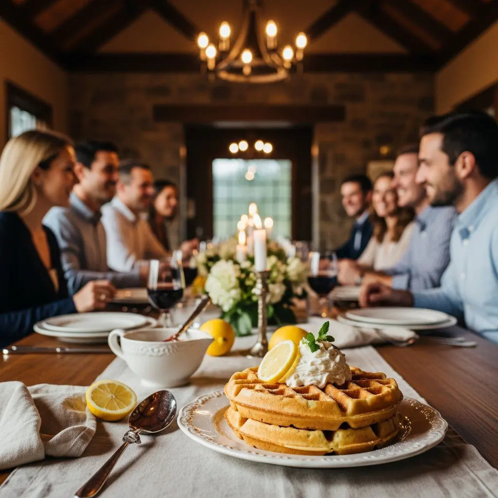 A gorgeous single-view lifestyle photo of freshly prepared Lemon Sunrise Waffles with Lemon Cream and Raspberry Syrup.