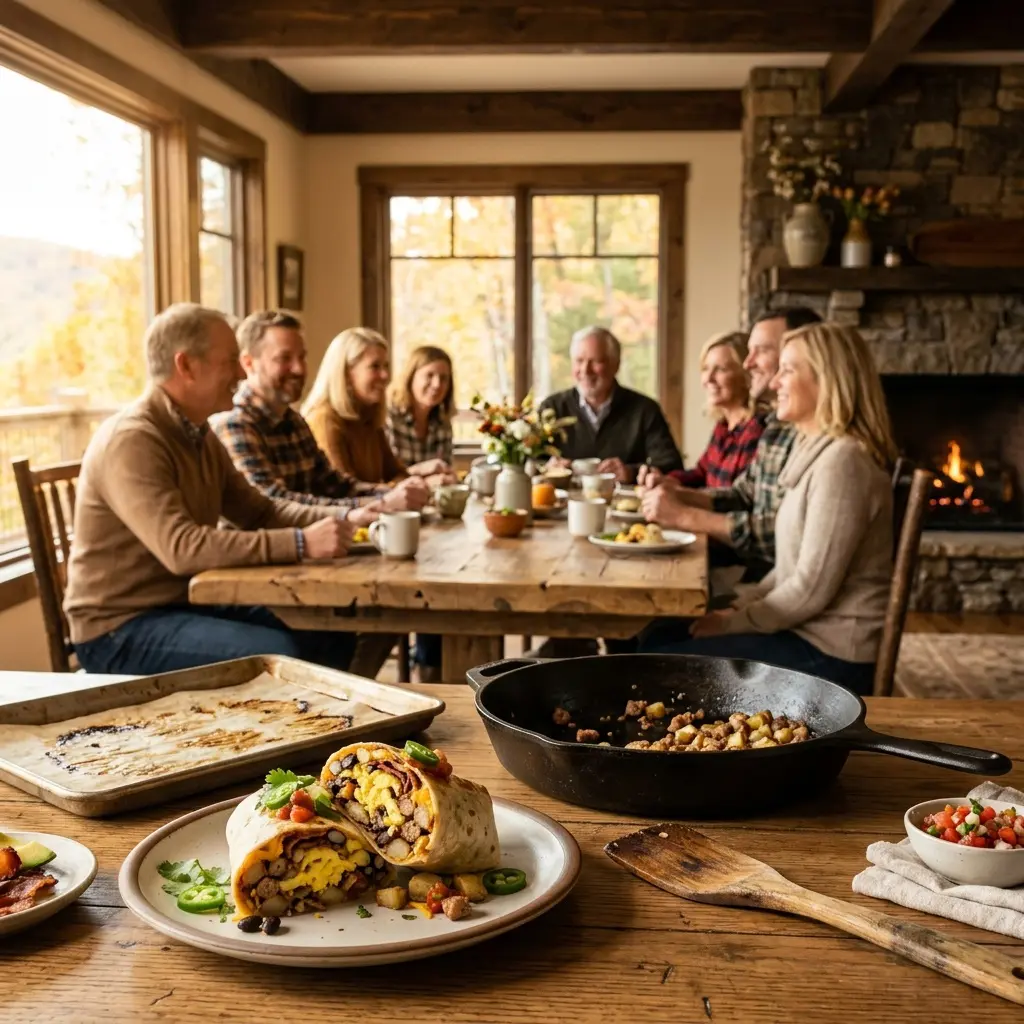 A heavy metal baking sheet holding a foil-wrapped breakfast burrito, a sharp chef's knife, and hot pepper sauce in sharp focus in the foreground, with an elegant softly lit morning kitchen gathering blurred in the background