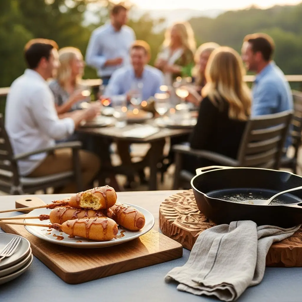 A gorgeous single-view lifestyle photo of freshly prepared Maple-Glazed Corn Dogs.